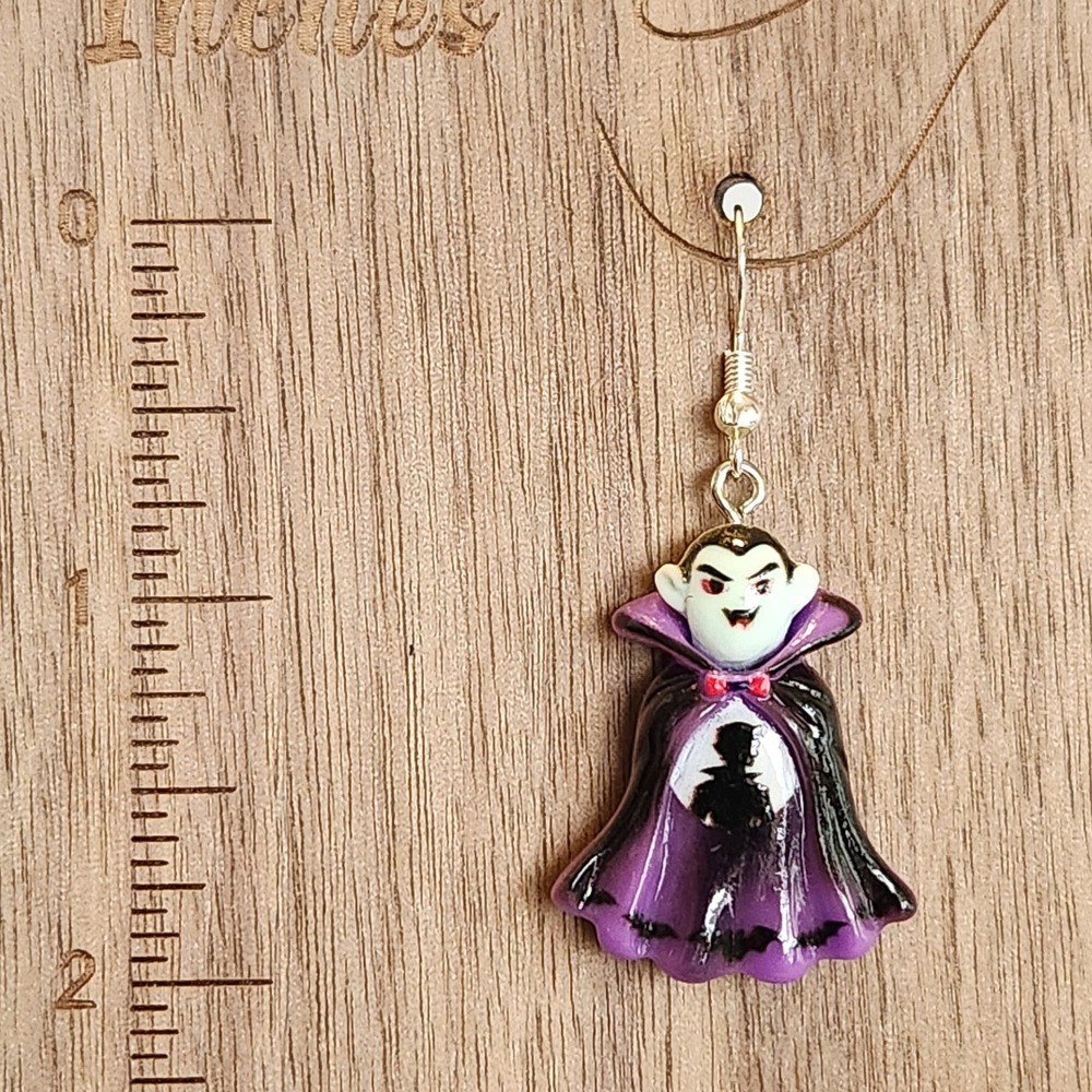 Vampire Count Dracula Halloween Dangle Earrings Purple Black Gothic Resin Hook - Picture 2 of 5